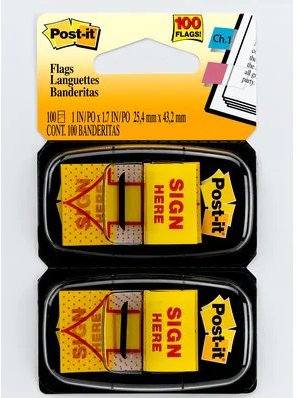 3M Post-it® Message Flags, "Sign Here", Yellow, 1 in Wide, 50/Dispenser, 2/Pack