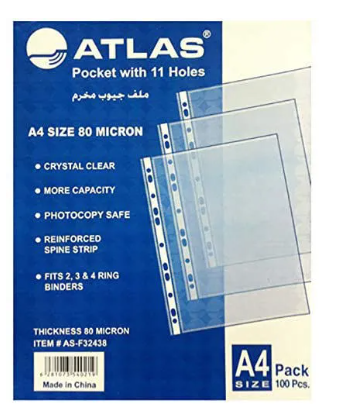 Atlas A4 Size Transparent Pockets, Polypropylene, 100's Pack