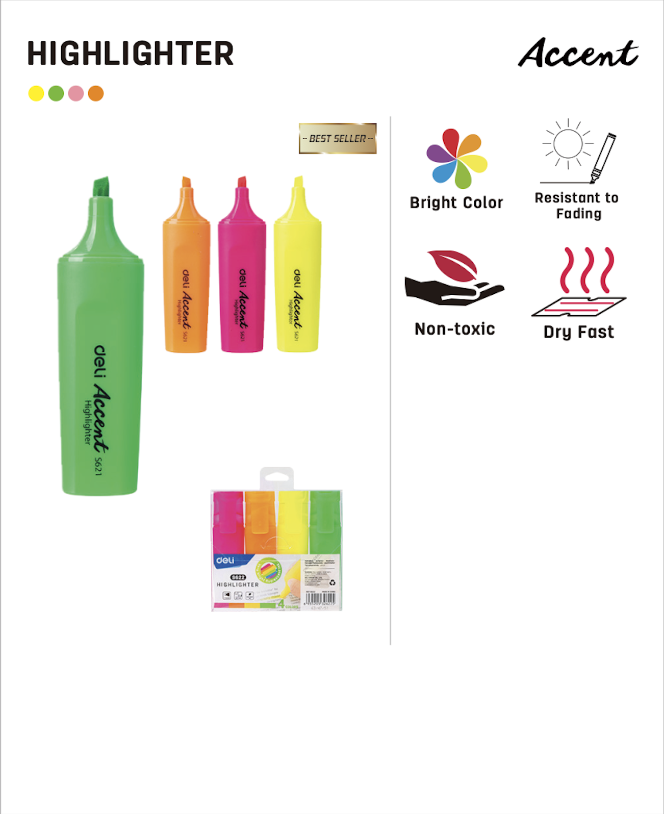 Deli Accent Highlighter Set of 4 Yellow/Green/Pink/Orange 