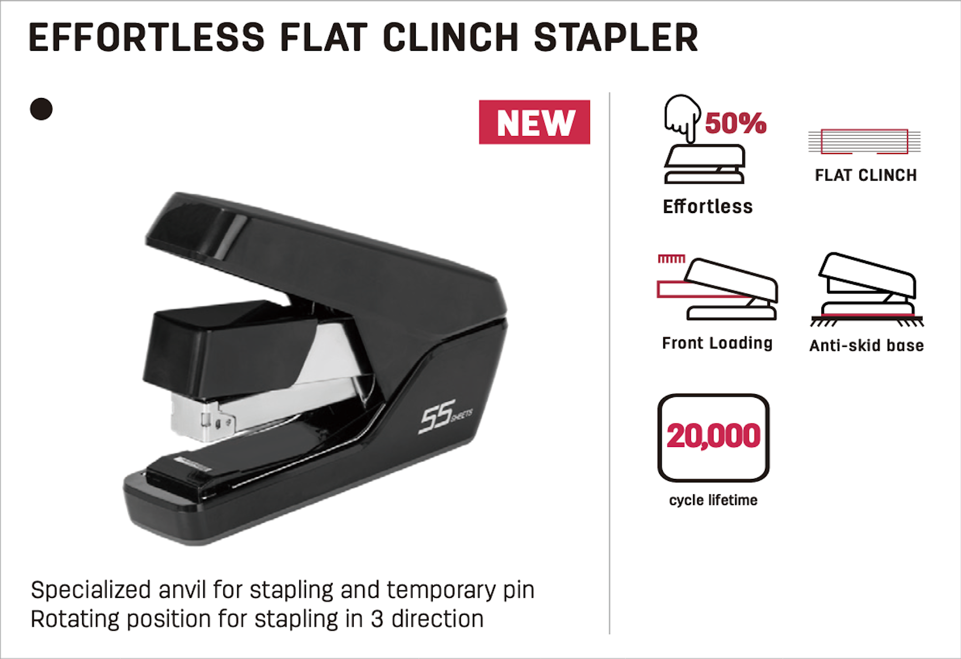 Deli Effortless Flat Clinch Stapler 55 Sheets 