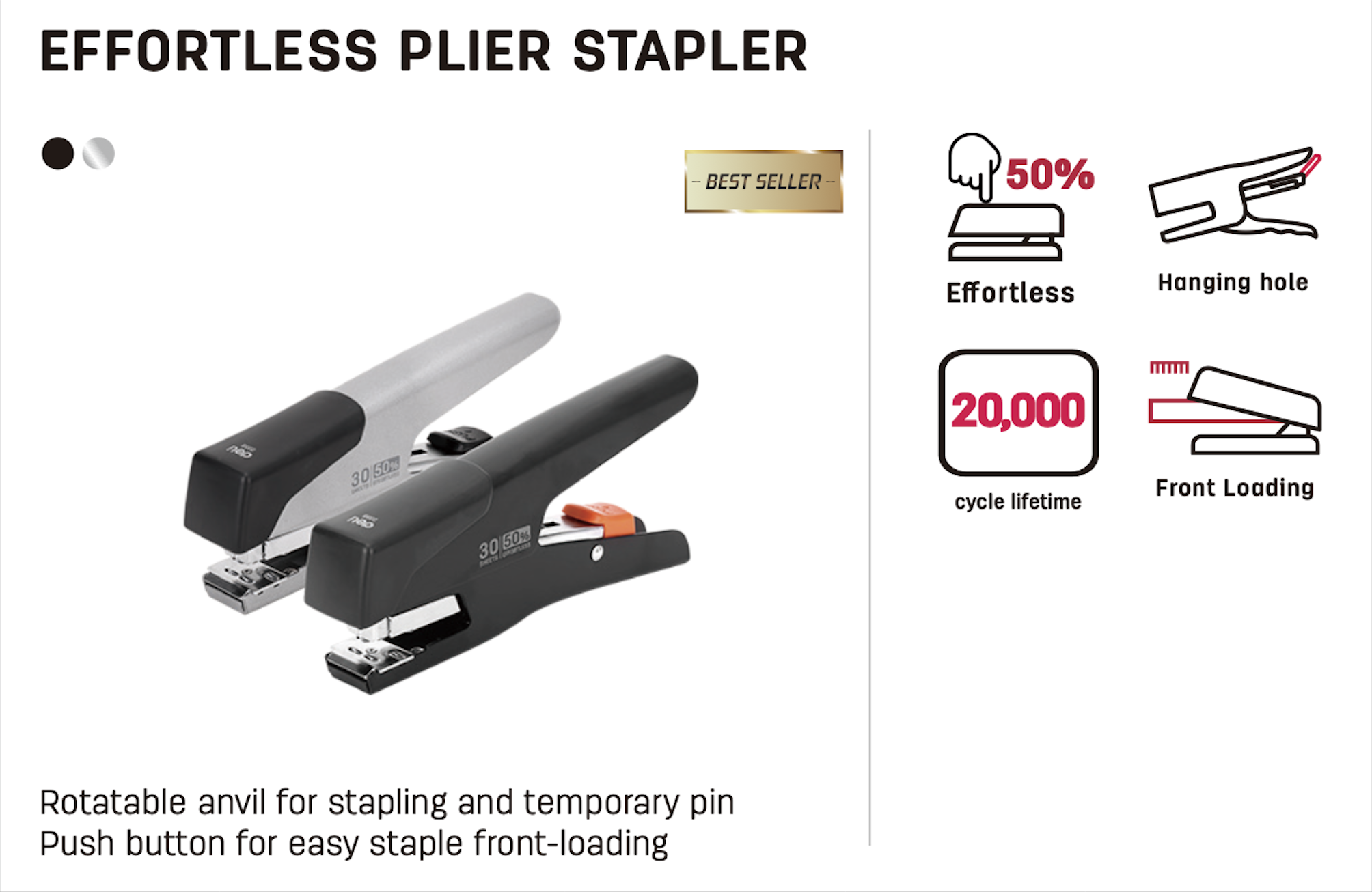 Deli Effortless Plier Stapler 30 Sheets Black/Silver 