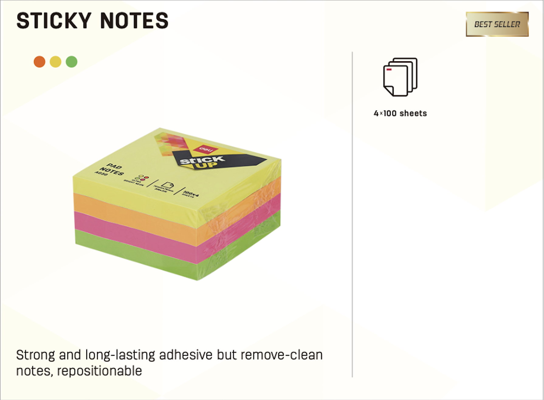 Deli Sticky Notes 76x76mm 3"x3" Neon Assorted 4x100 Sheets 