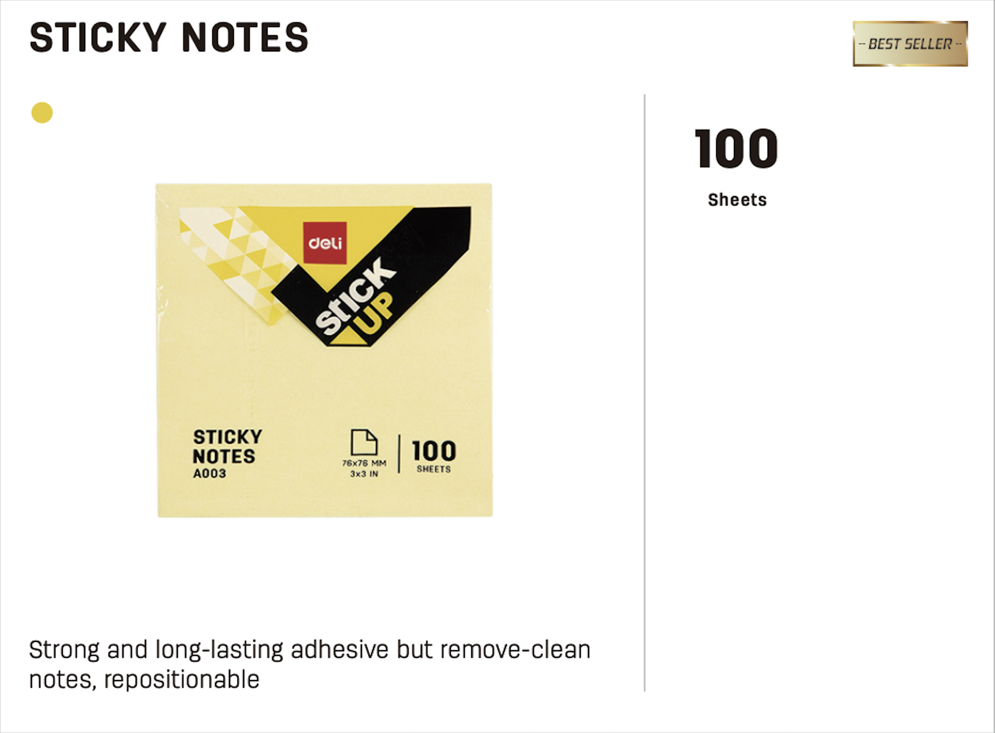 Deli Sticky Notes 76x76mm 3"x3", 100 Sheets 