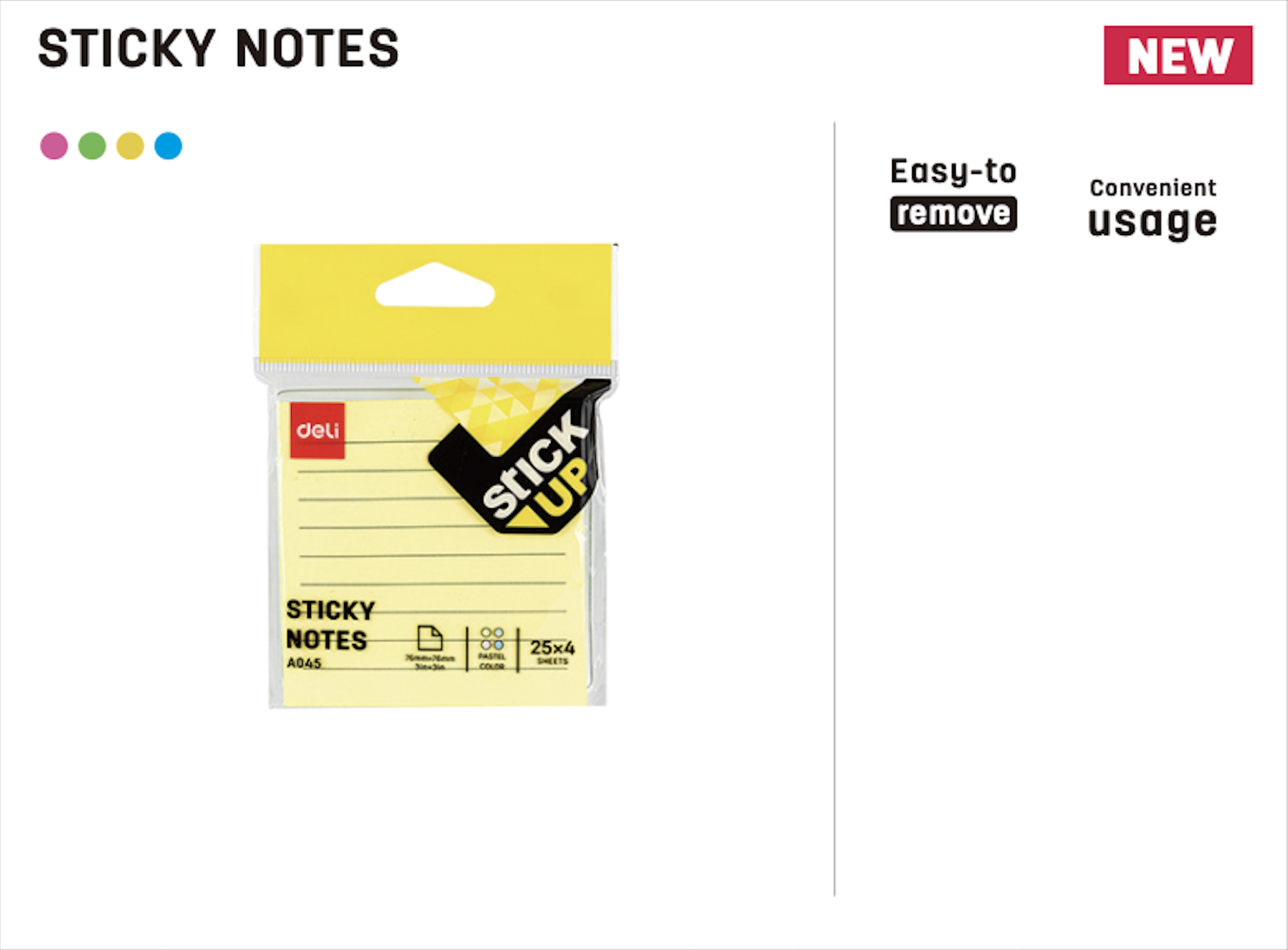 Deli Sticky Notes 76x75mm Assorted Colors, 4 Colors x 25 Sheets 
